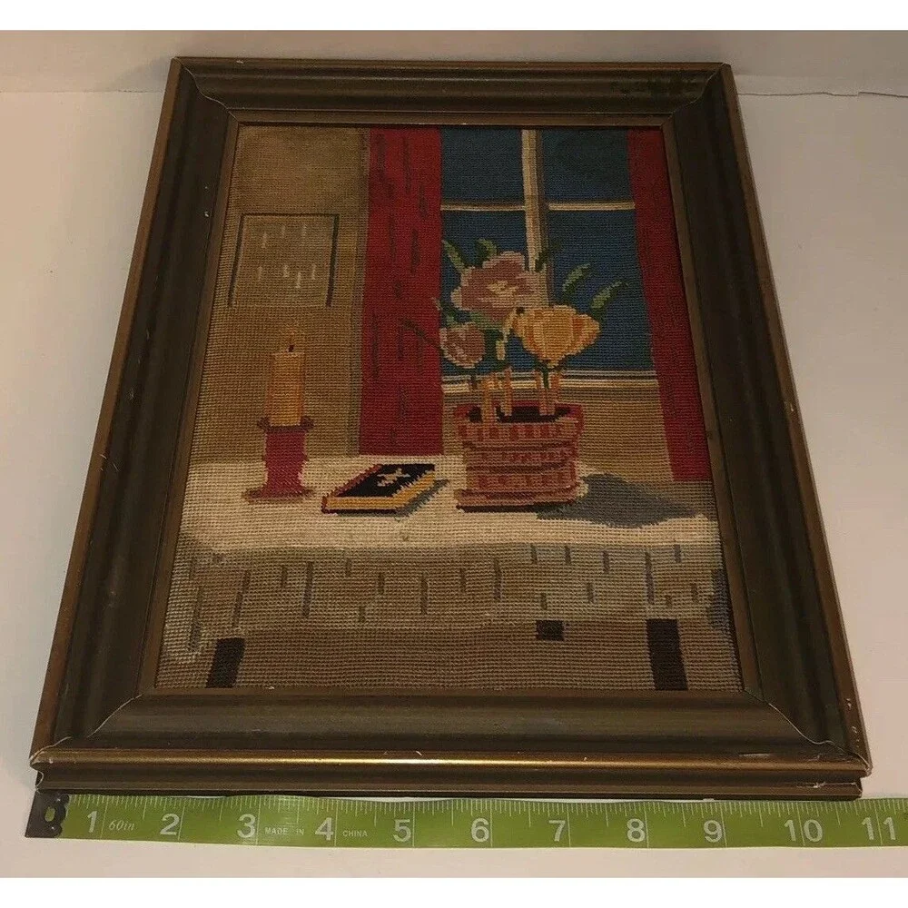 VTG 60s 70s STILL LIFE Bible Flowers Table Candle Christian Cross Stitch Framed